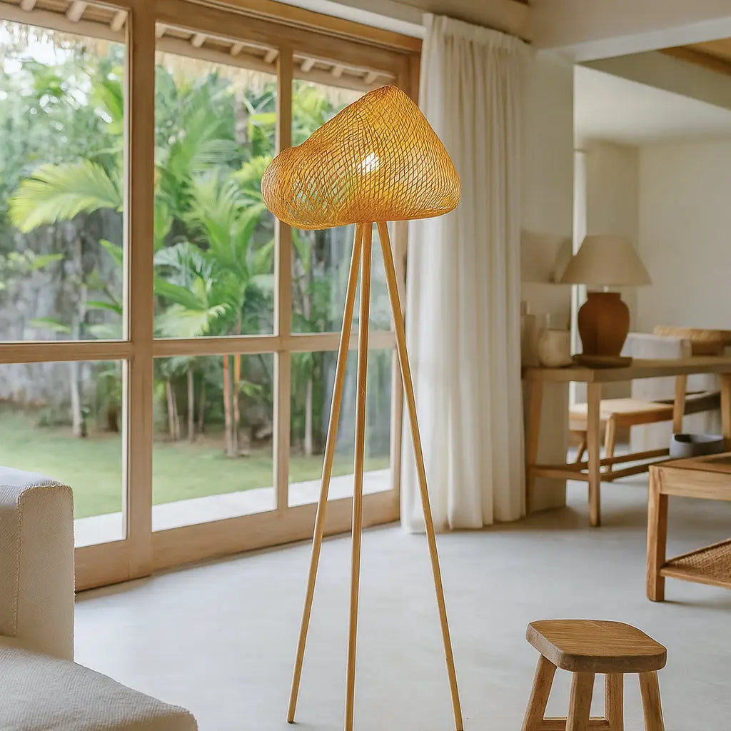 Lampadaire trépied en bambou tressé Lips avec pieds en bois