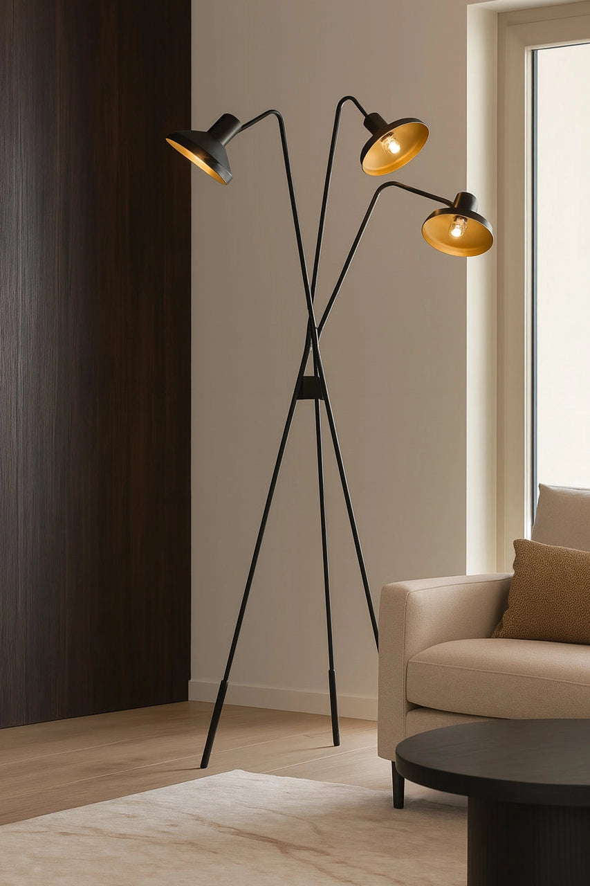 Lampadaire trépied Snake en métal noir et doré, 3 abat-jour orientables